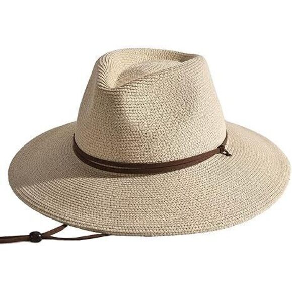 WOMENS SUMMER STRAW SUN HATS WIDE BRIM PANAMA FEDORA BEACH HAT WITH WIND LANYARD main image 5